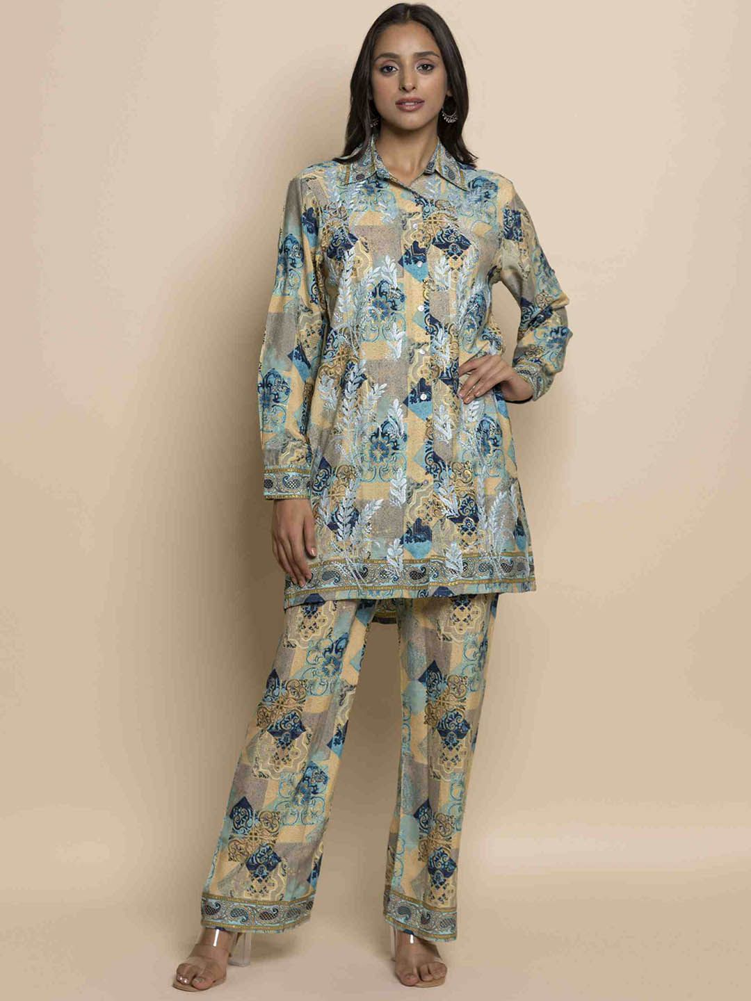 HOUSE OF KARI Printed Chikankari Shirt Collar A-line Tunic With Trousers