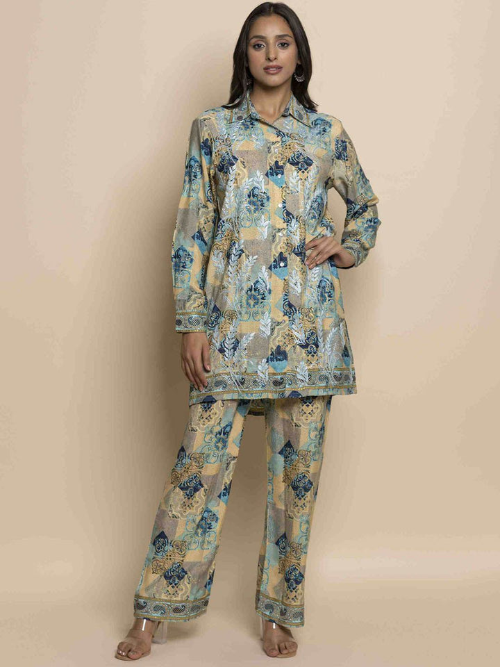 HOUSE OF KARI Printed Chikankari Shirt Collar A-line Tunic With Trousers