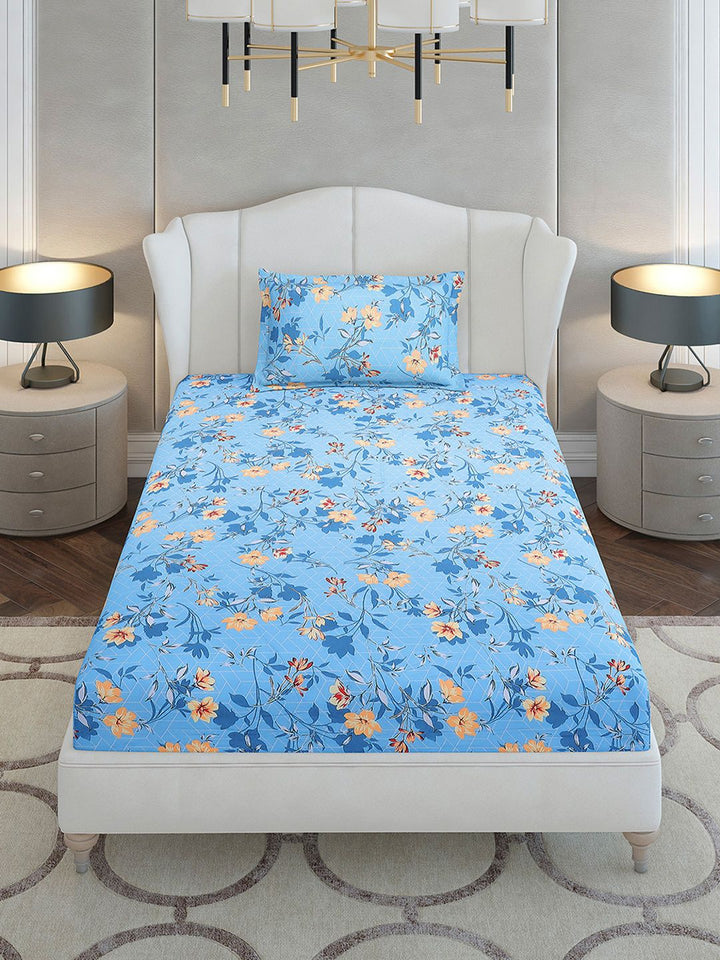 Monte Carlo Blue & Yellow Floral Printed Cotton 104 TC Single Bedsheet Set-2.24 m x 1.52 m