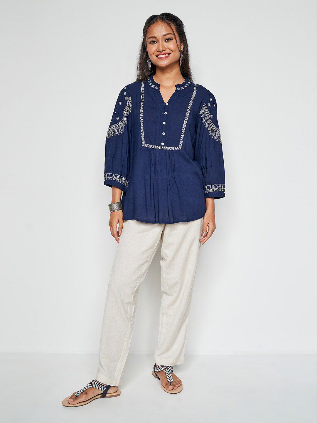 Global Desi Embroidered Mandarin Collar Long Cuffed Sleeves Top
