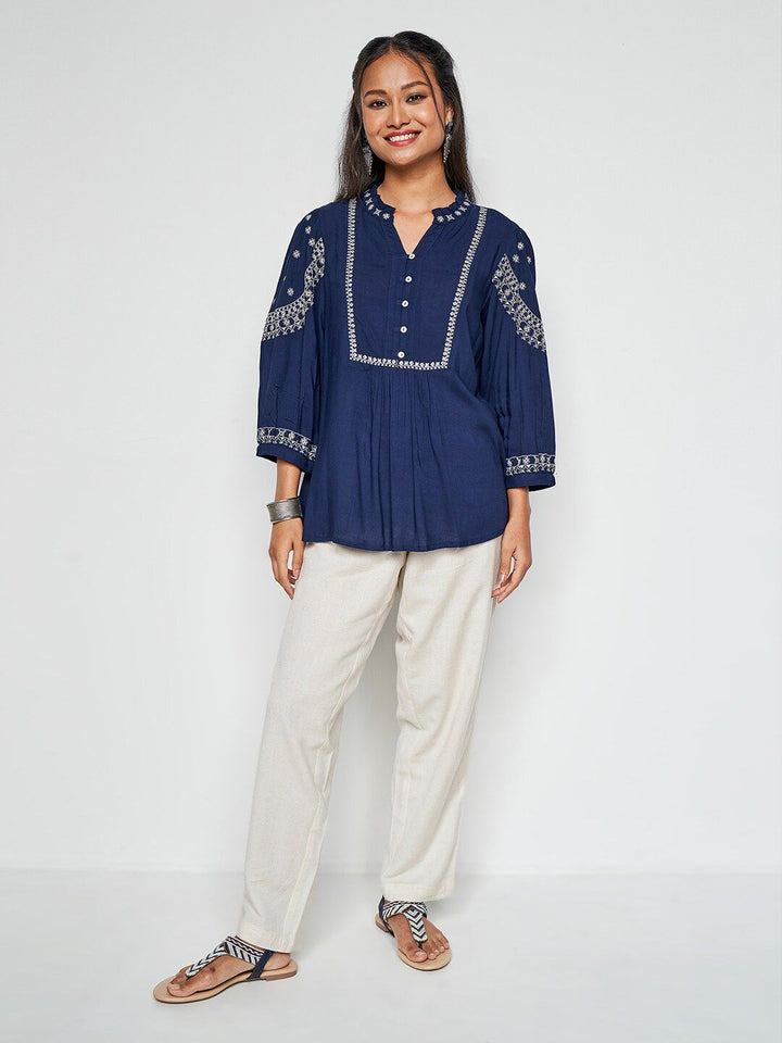 Global Desi Embroidered Mandarin Collar Long Cuffed Sleeves Top