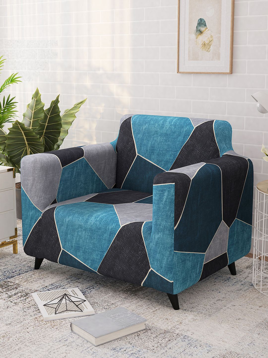 Story@home Blue & Black Printed 1 Seater Stretchable Sofa Cover With Arms