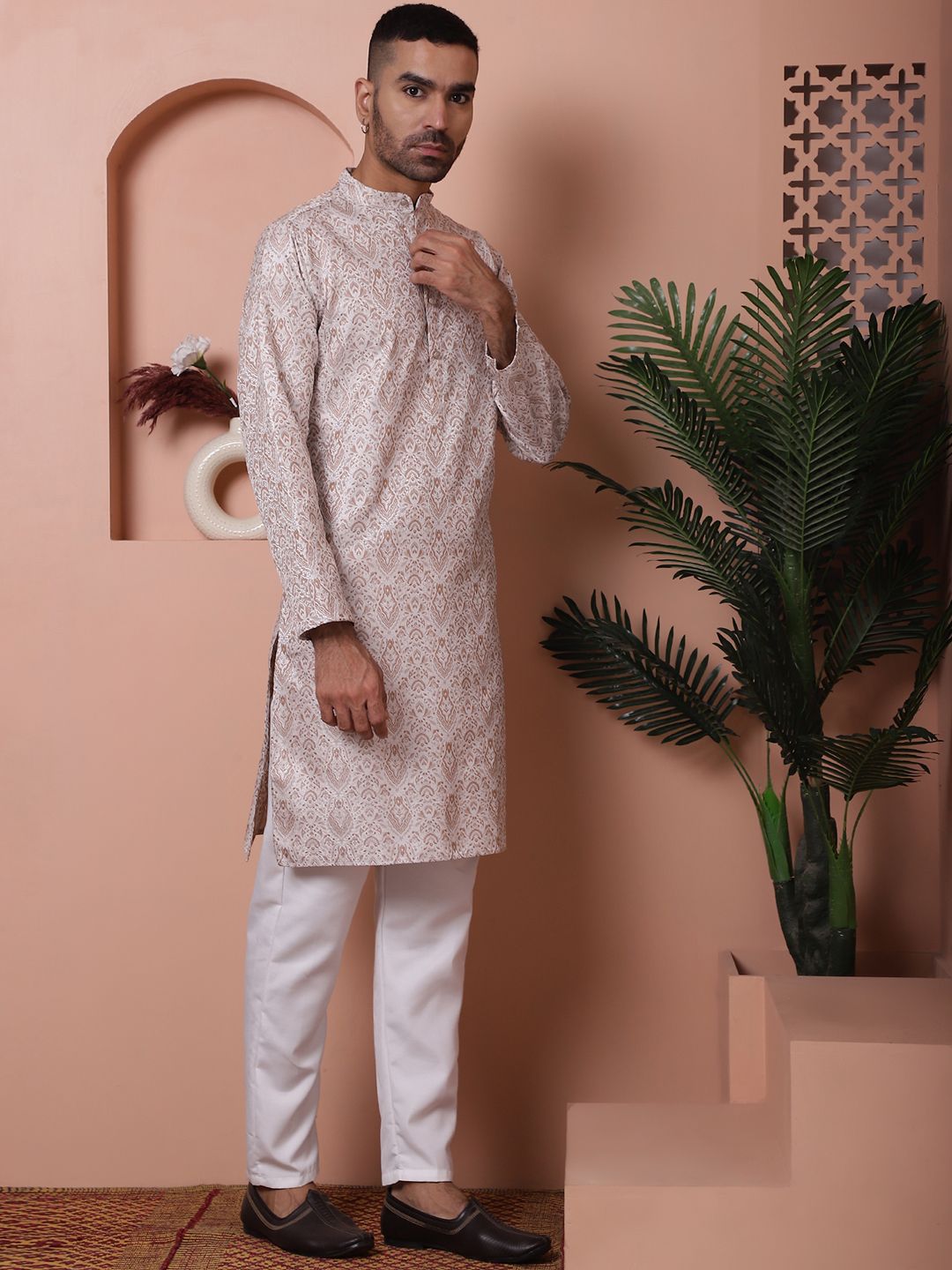 Anouk Brown Ethnic Motifs Woven Design Band Collar Straight Kurta With Pyjamas