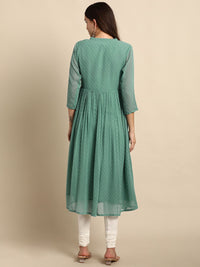 Janasya Women's Green Chiffon Self Design Flared Kurta