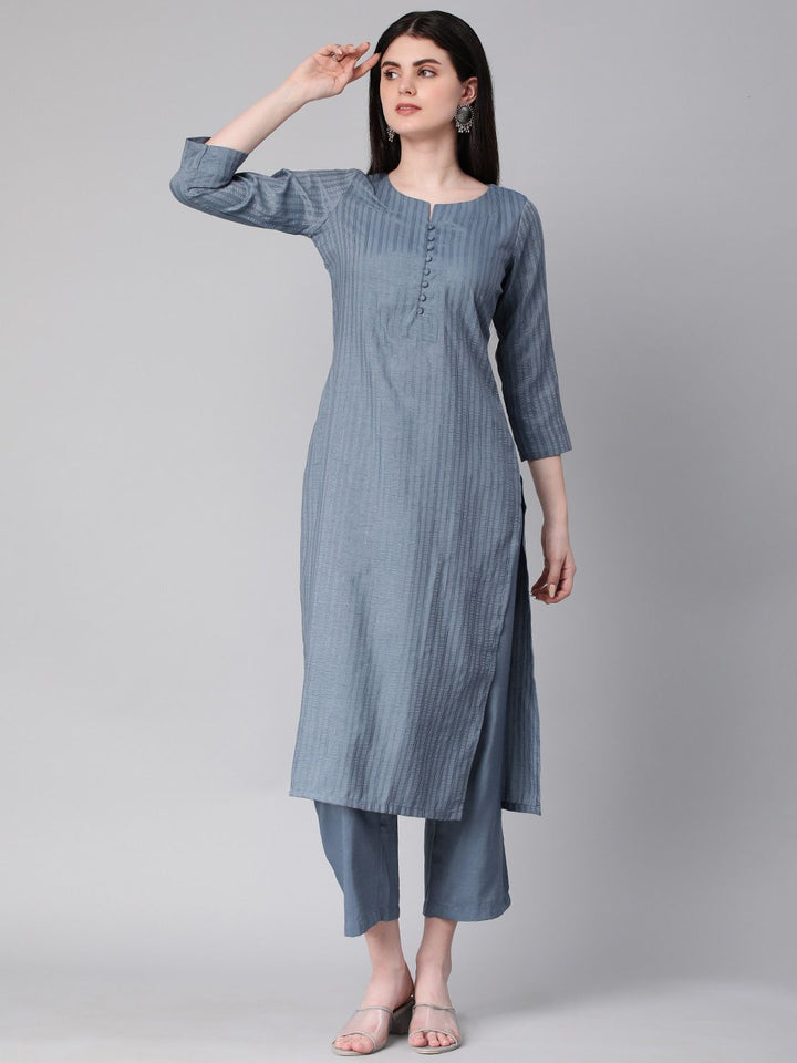 KALINI Striped Regular Thread Work Kurta With Trousers