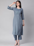 KALINI Striped Regular Thread Work Kurta With Trousers
