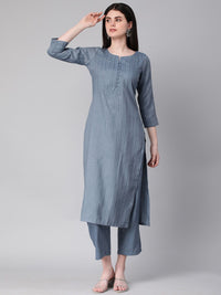 KALINI Striped Regular Thread Work Kurta With Trousers