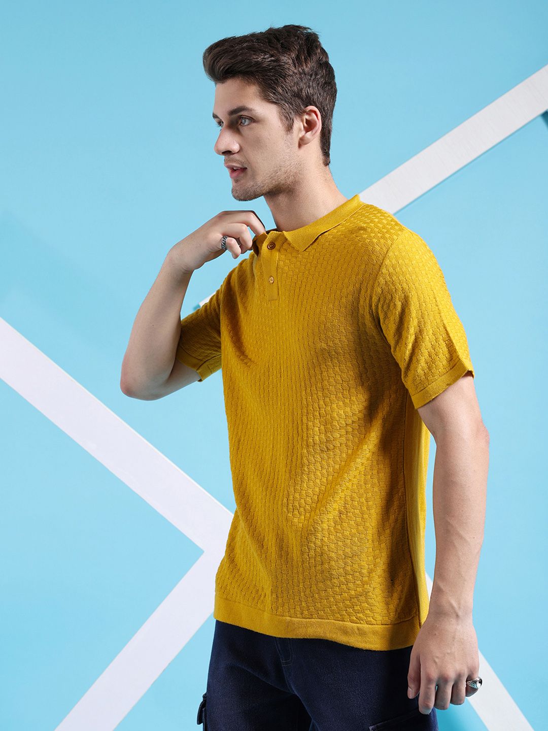The Indian Garage Co Self Design Polo Collar Acrylic Pullover Sweater