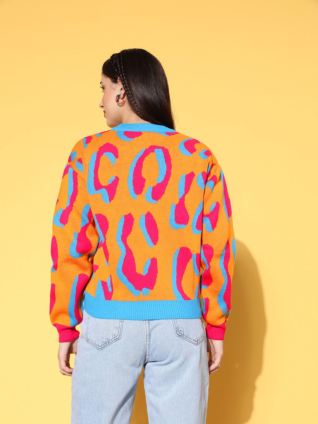 Berrylush Women Charming Yellow Abstract Knits Bits Sweater