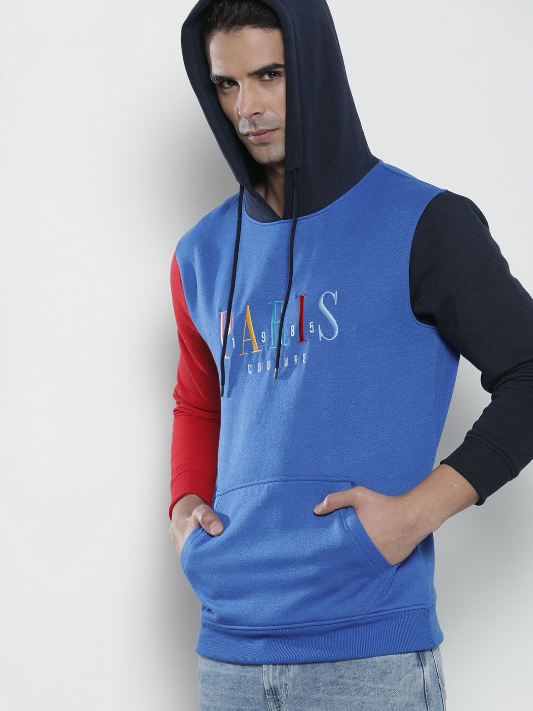The Indian Garage Co Men Blue & Red Embroidered Hooded Sweatshirt
