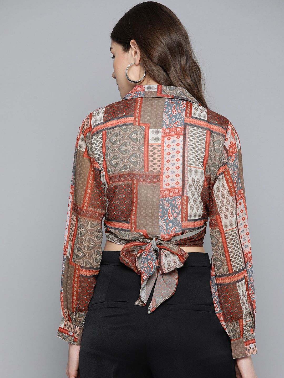 Sassafras Brown & Red Geometric Printed Georgette Wrap Crop Top