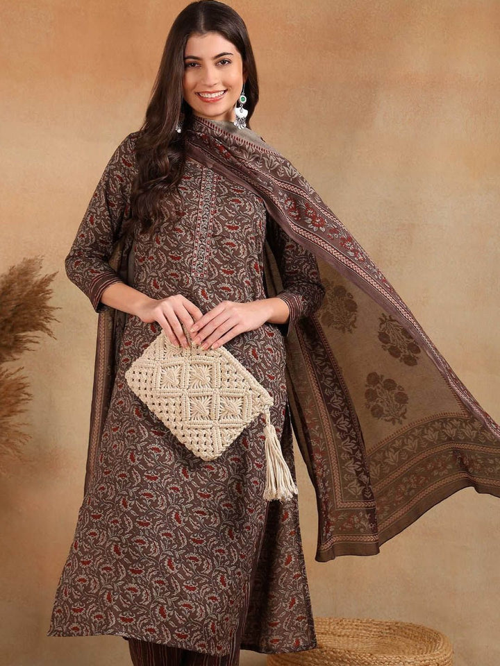 KALINI Floral Printed Straight Kurta with Trousers & Dupatta