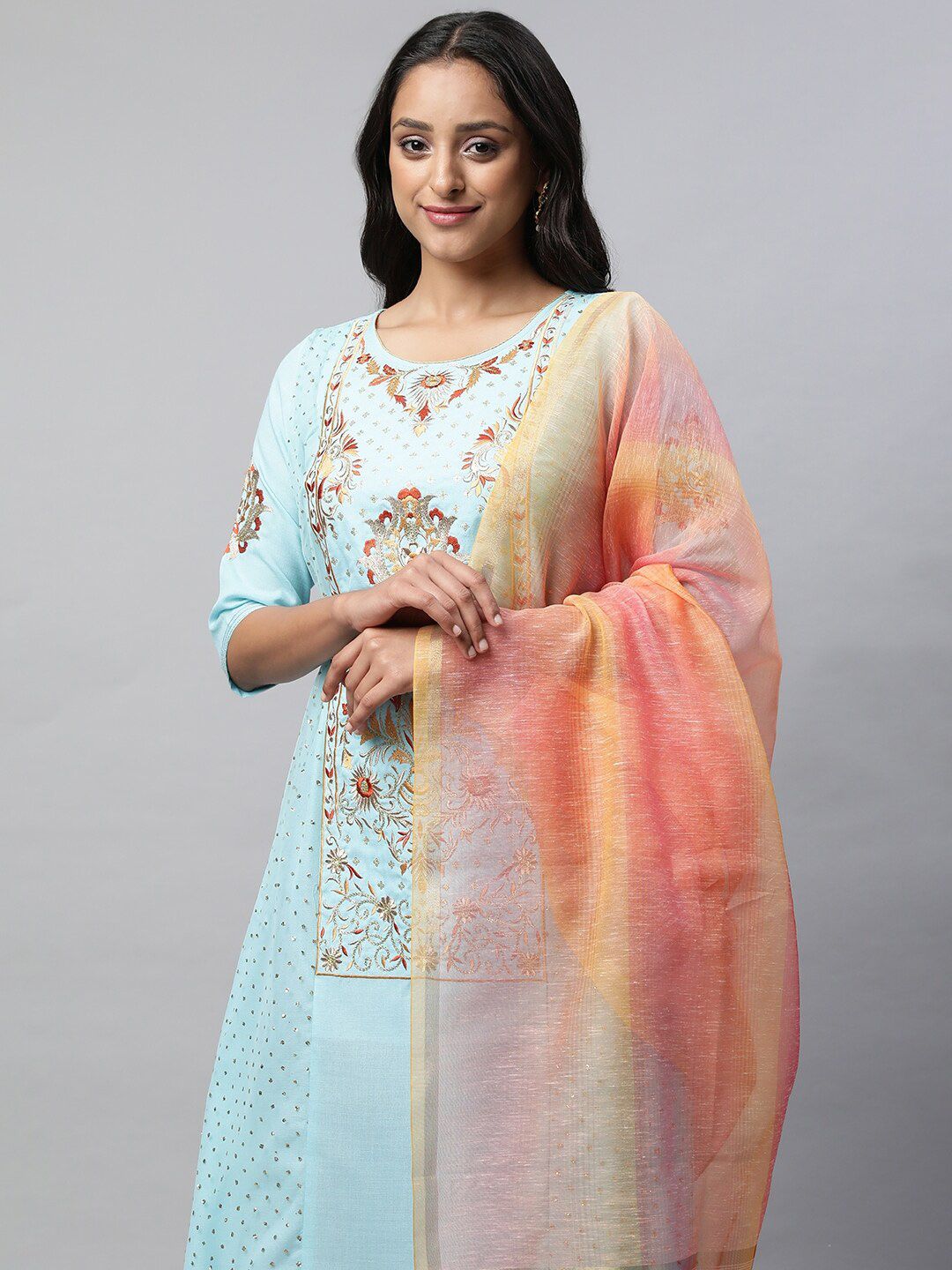 AURELIA Ethnic Motifs Embroidered Sequinned Kurta with Trousers & Dupatta