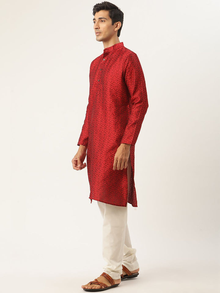 SOJANYA Men Red & Beige Ethnic Motifs Woven Design Kurta with Churidar & Nehru Jacket