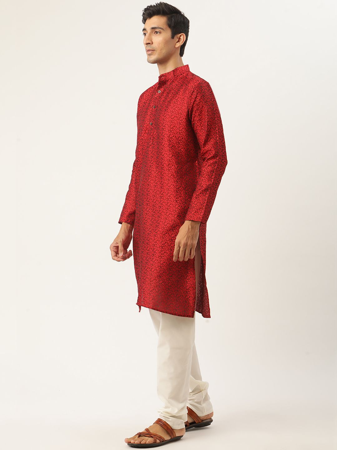 SOJANYA Men Red & Beige Ethnic Motifs Woven Design Kurta with Churidar & Nehru Jacket