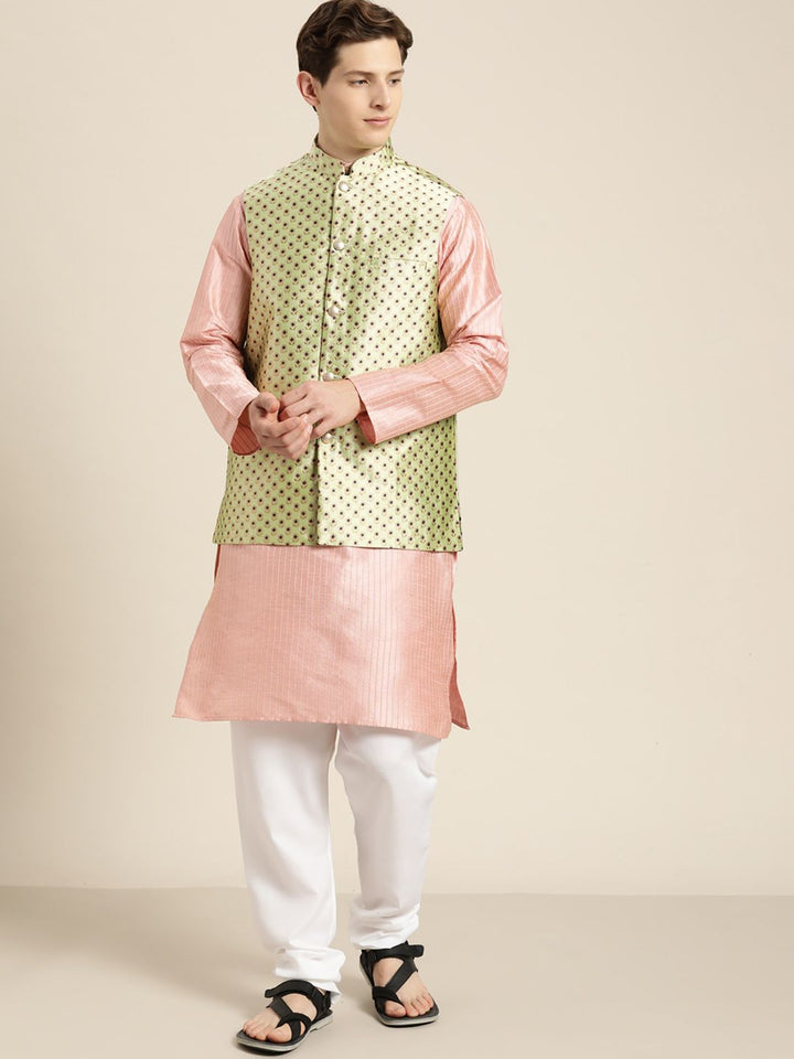 SOJANYA Men Pink Striped Kurta with Pyjamas  & Nehru Jacket