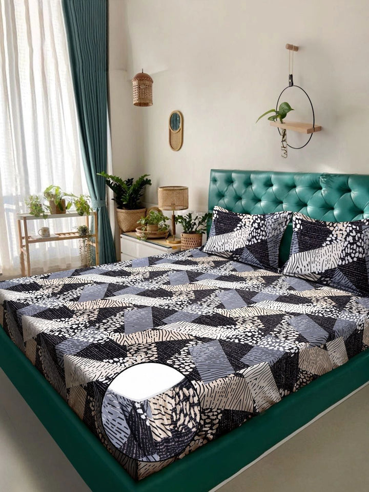 Myntra Elegant Homes Black & Brown Geometric 300 TC Bedsheet with 2 Pillow Covers