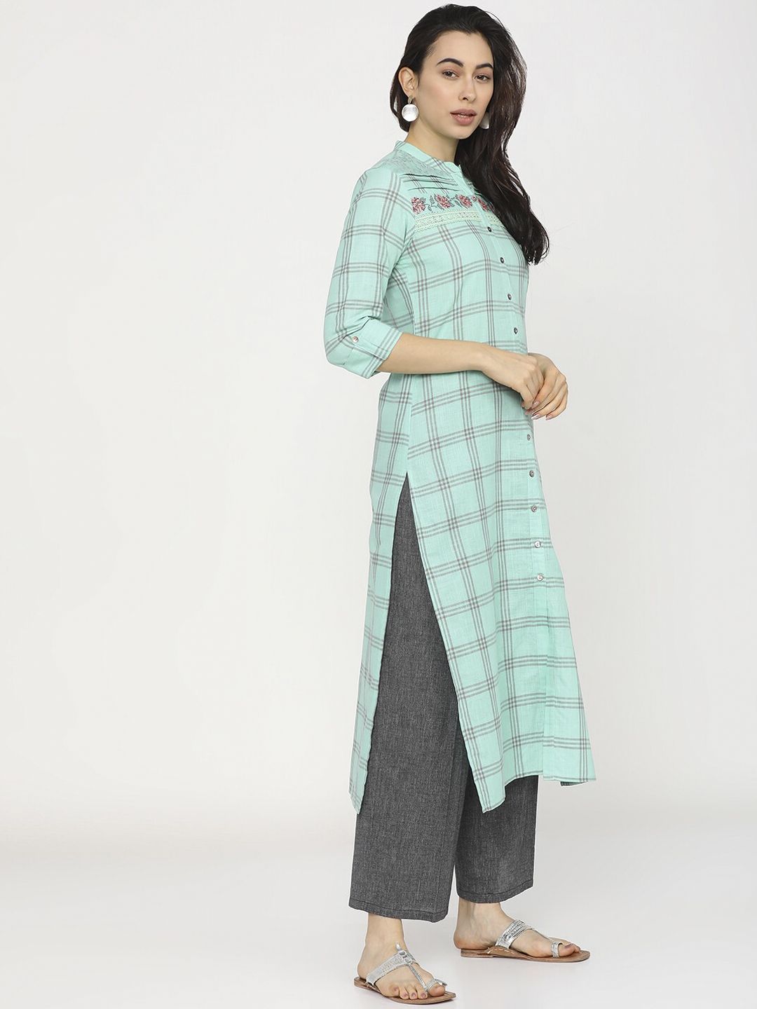 Vishudh Women Sea Green Checked Thread Work Kurta