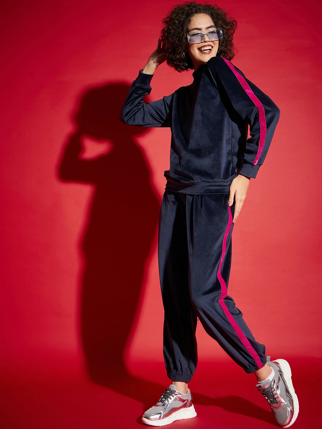 SASSAFRAS Navy Blue Velvet Tape Detail Sweatshirt With Joggers