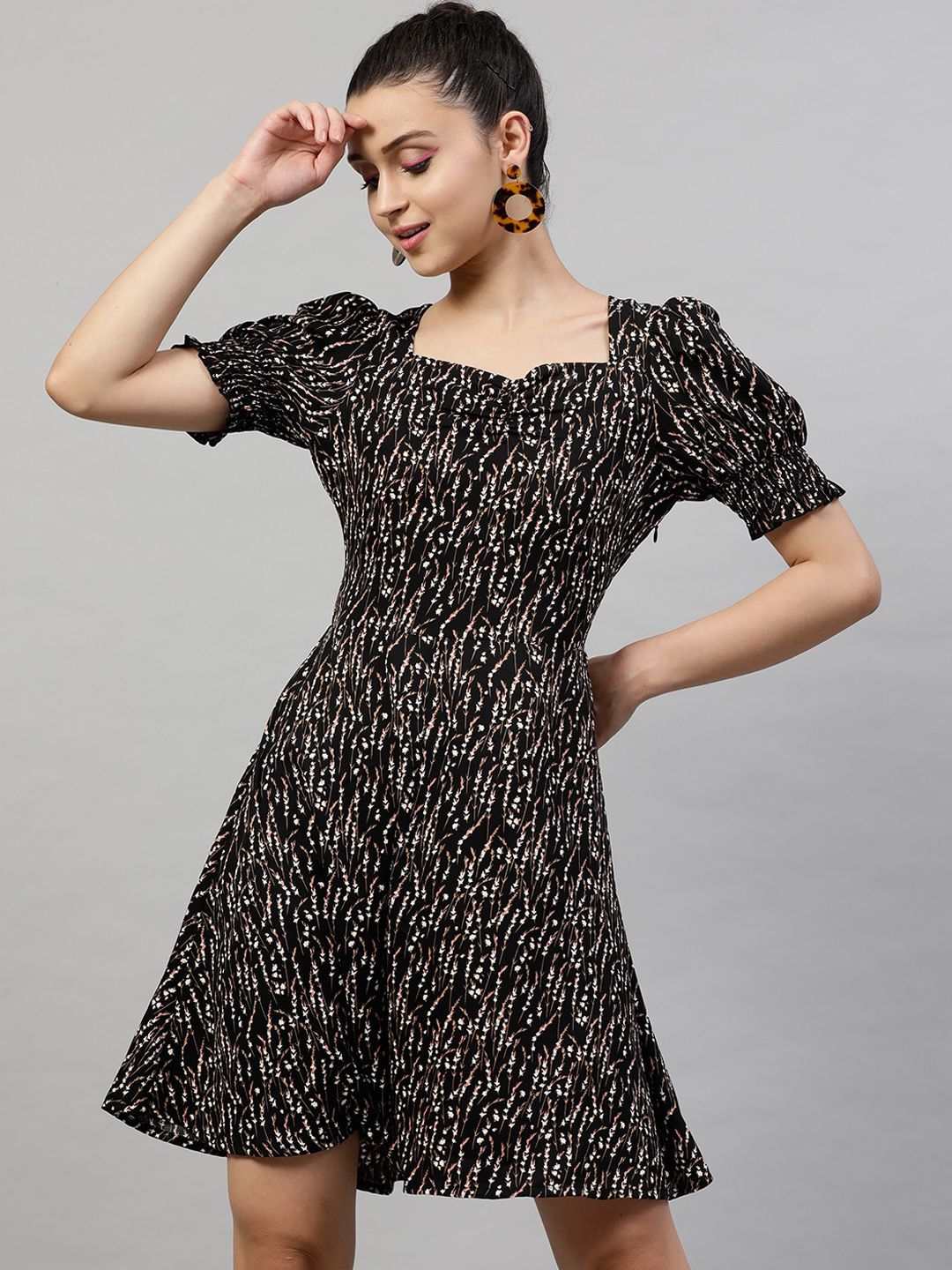 STREET 9 Women Black & Pink Floral Printed A-Line Dress