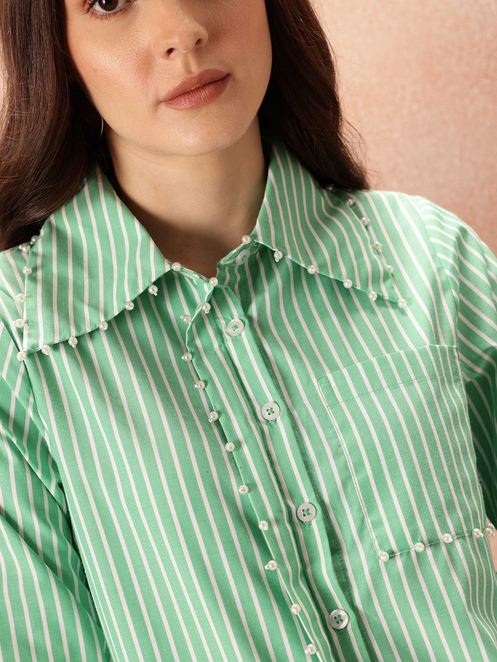 all about you  Studded Striped Pocket Detail Casual Shirt
