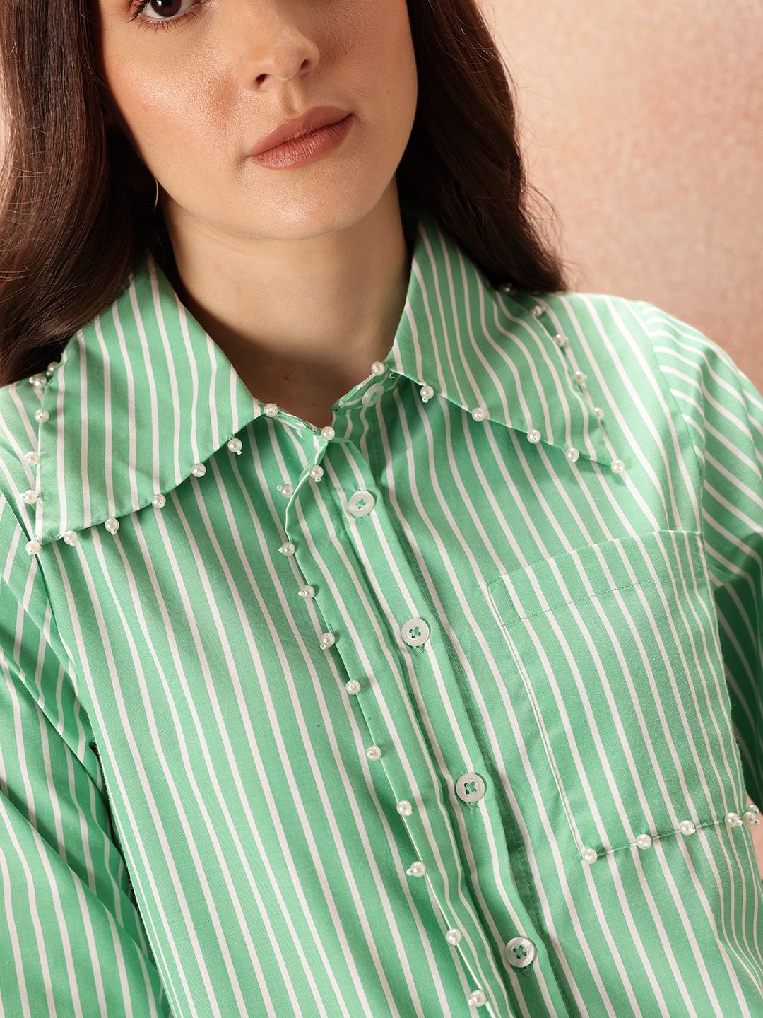all about you  Studded Striped Pocket Detail Casual Shirt
