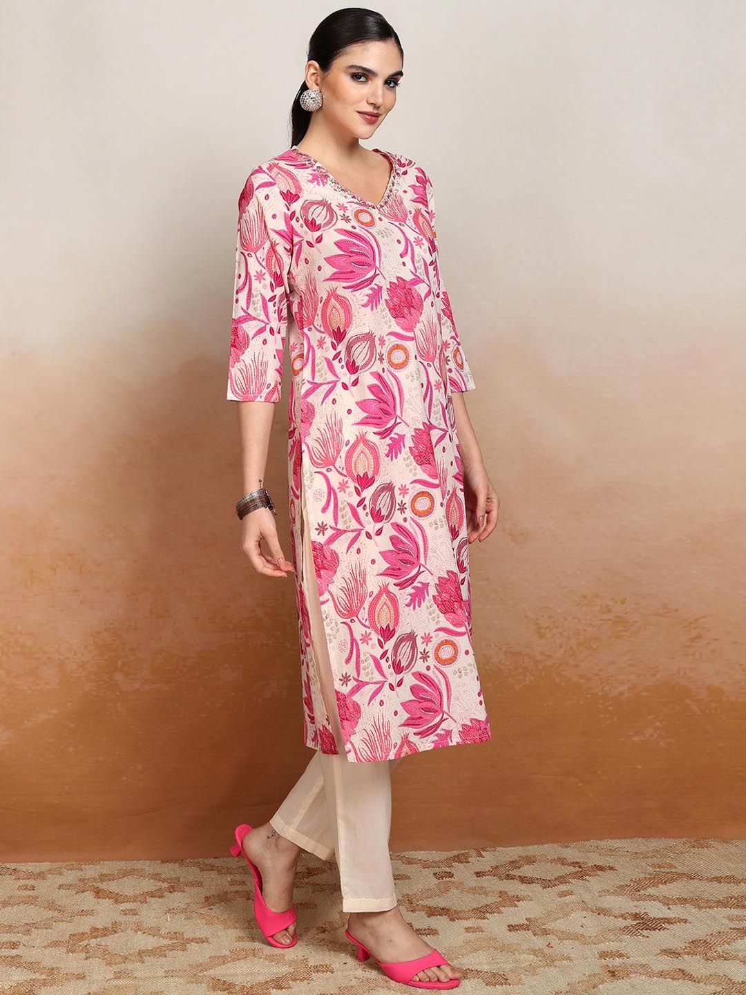 Vishudh Floral Printed Pure Cotton Straight Kurta & Trousers With Dupatta