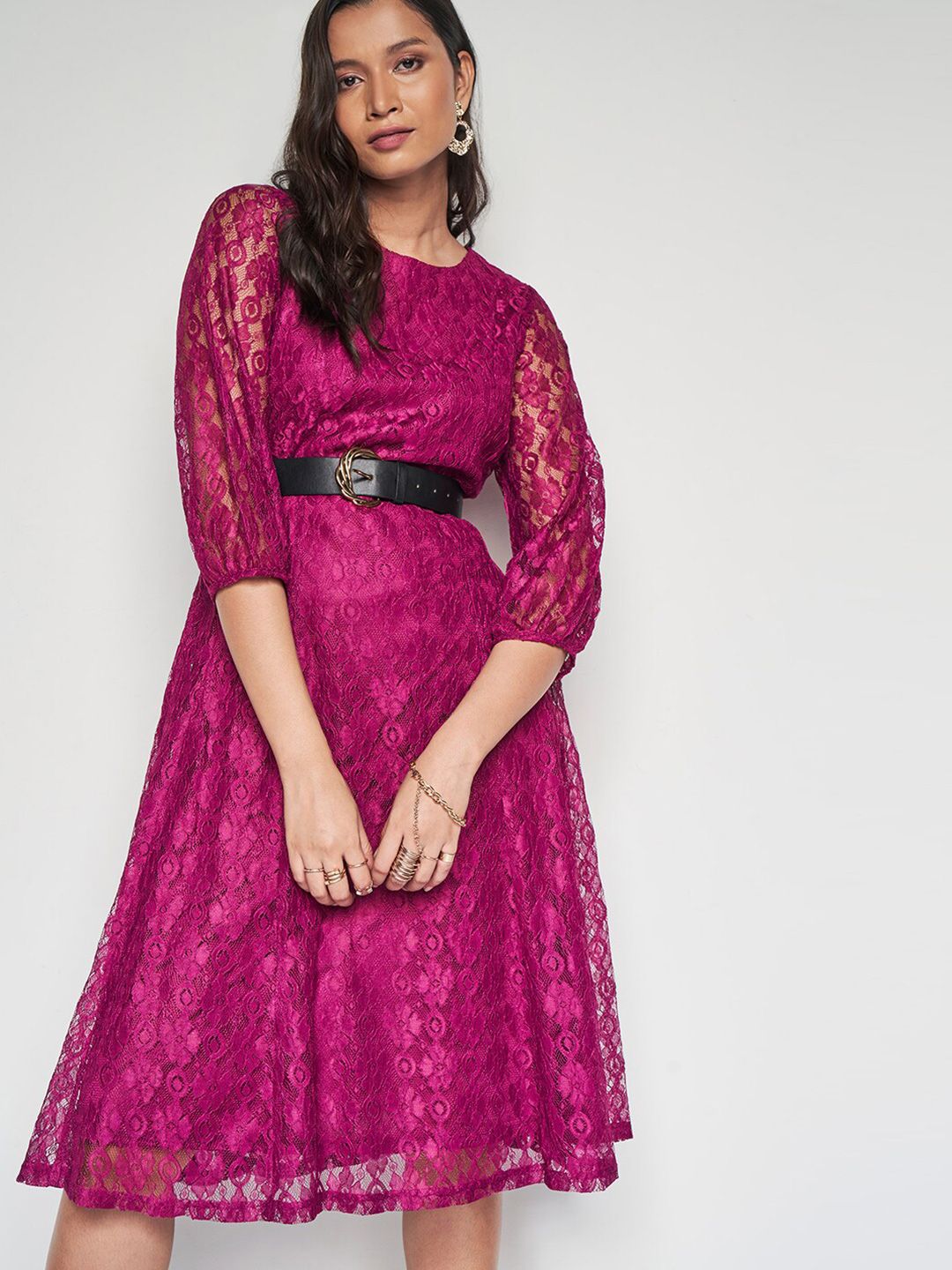 AND Self Design Round Neck Three-Quarter Sleeves Fit & Flare Dress