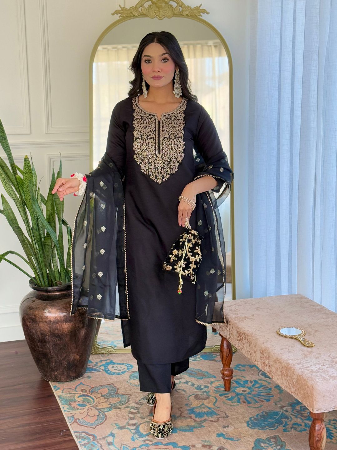 KALINI Floral Embroidered Sequinned Straight Kurta With Trousers & Dupatta