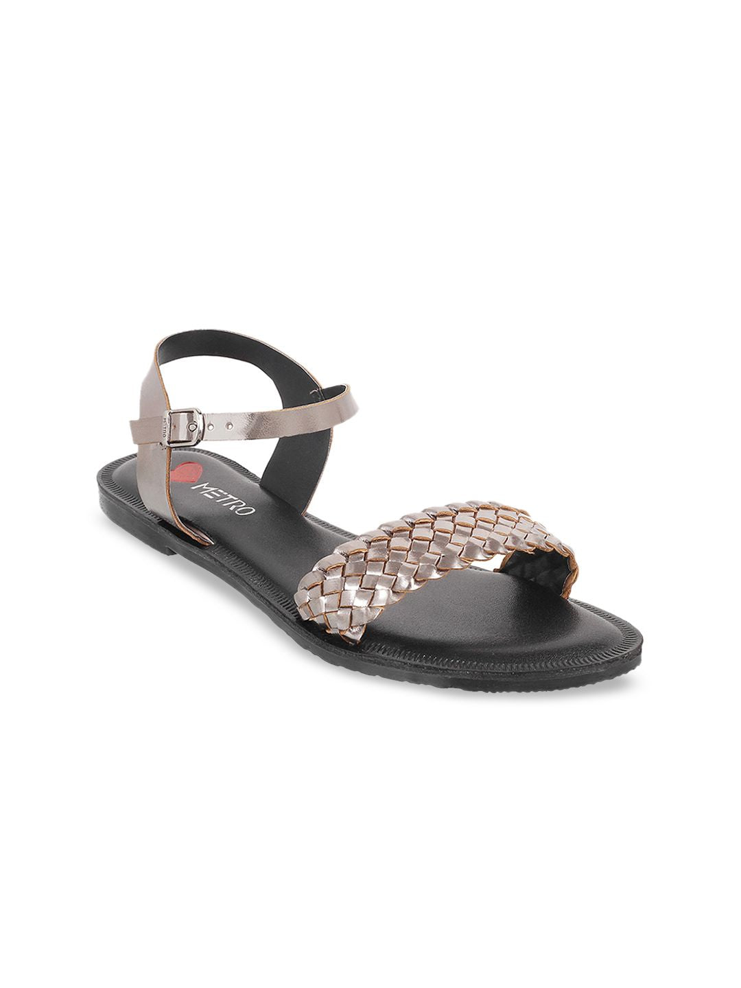 Metro Women Taupe Woven Design Open Toe Flats