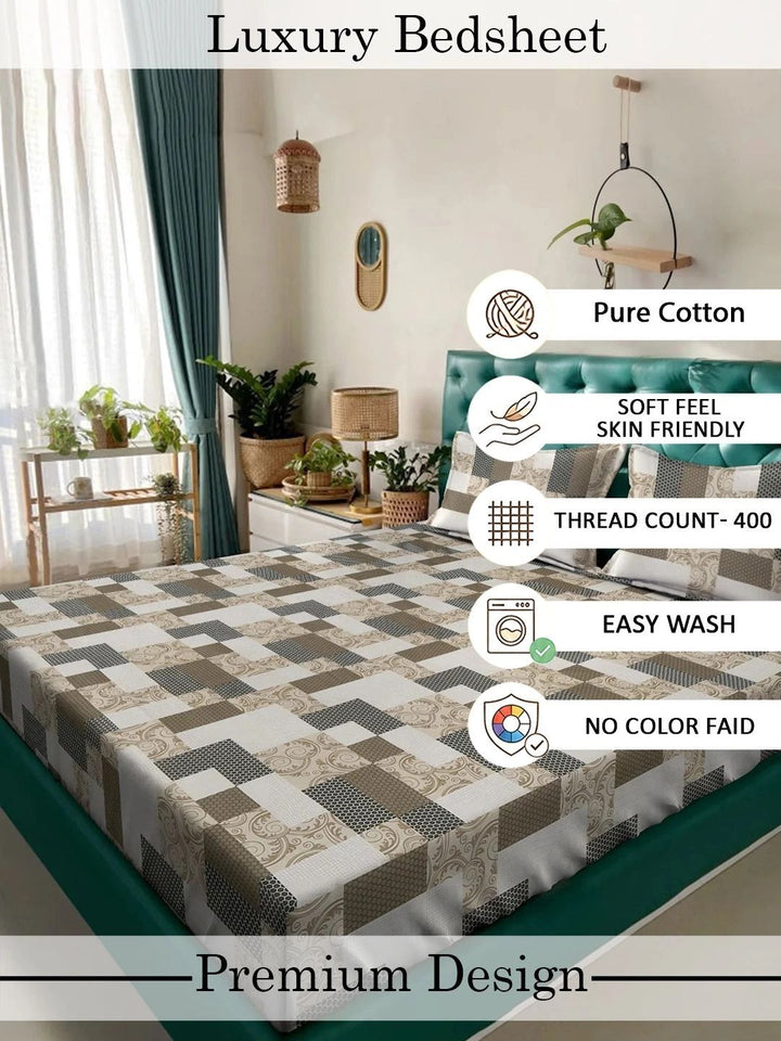 Myntra Elegant Homes White & Beige Geometric 400 TC King Bedsheet with 2 Pillow Covers
