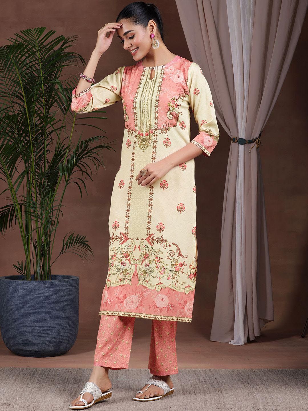 Libas Floral Printed Keyhole Neck Straight Kurta with Trousers & Dupatta