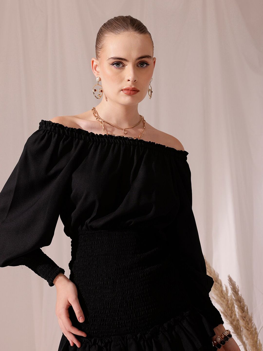 STREET 9 Off-Shoulder Smocked Georgette Layered A-Line Dress