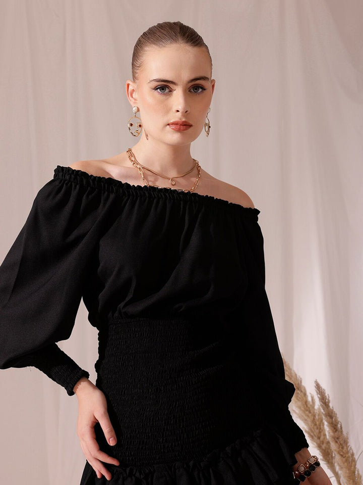 STREET 9 Off-Shoulder Smocked Georgette Layered A-Line Dress