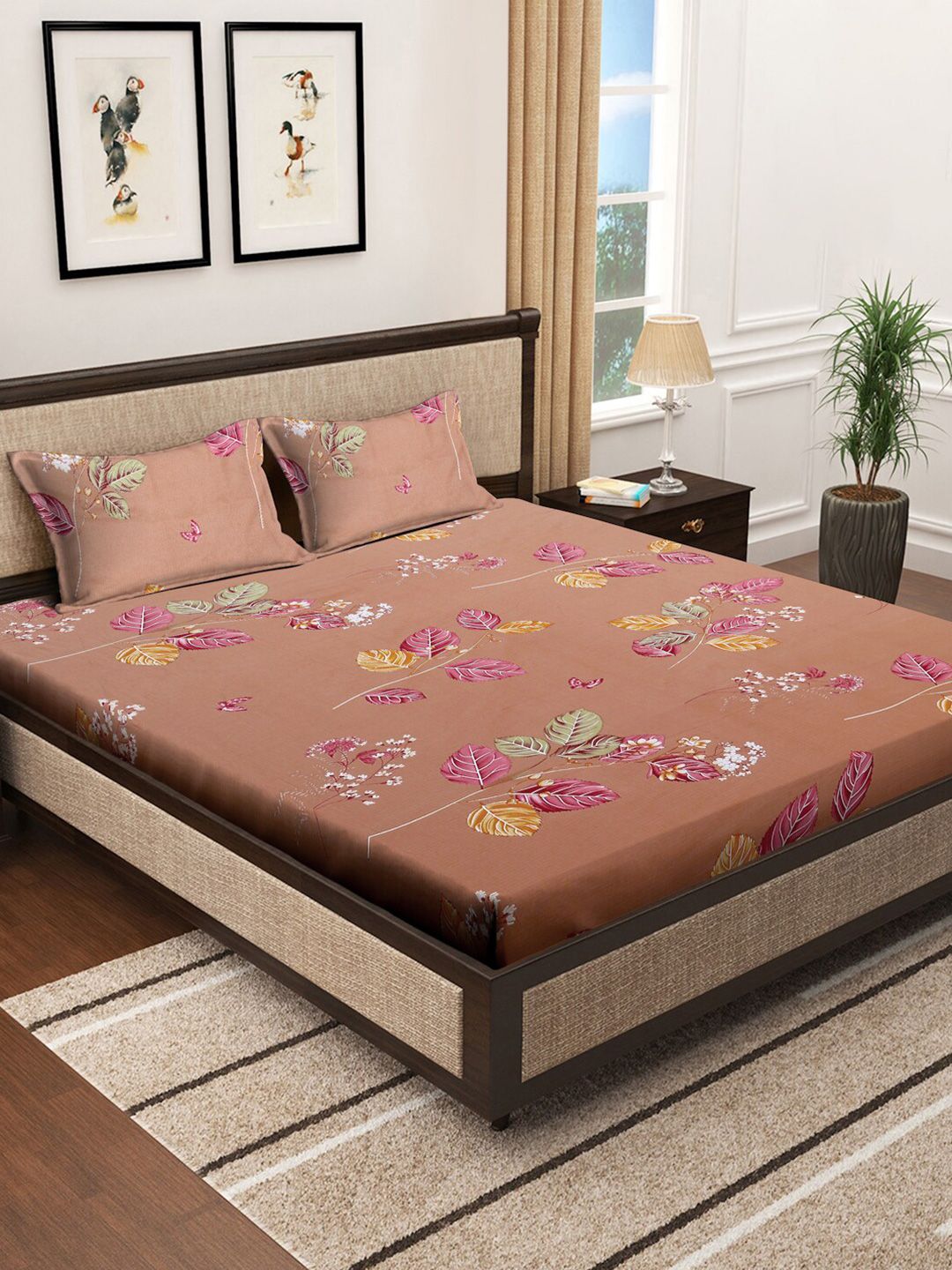 KLOTTHE Beige Leaf Cotton 400 TC King Superfine Bedsheet dengan 2 Sarung Bantal-250 x 225 cm