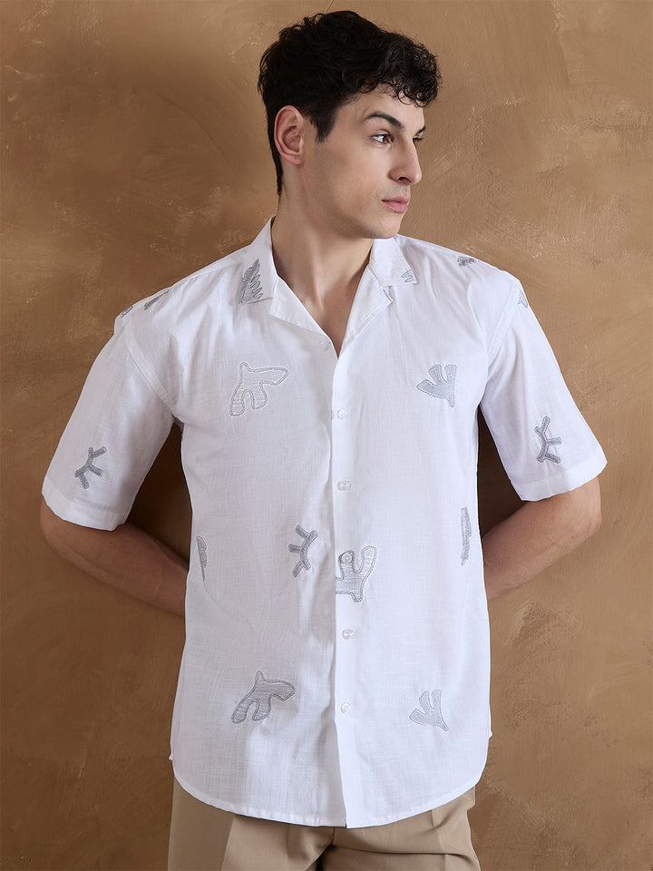 DENNISON Men Embroidered Oversized Cuban Collar Shirt