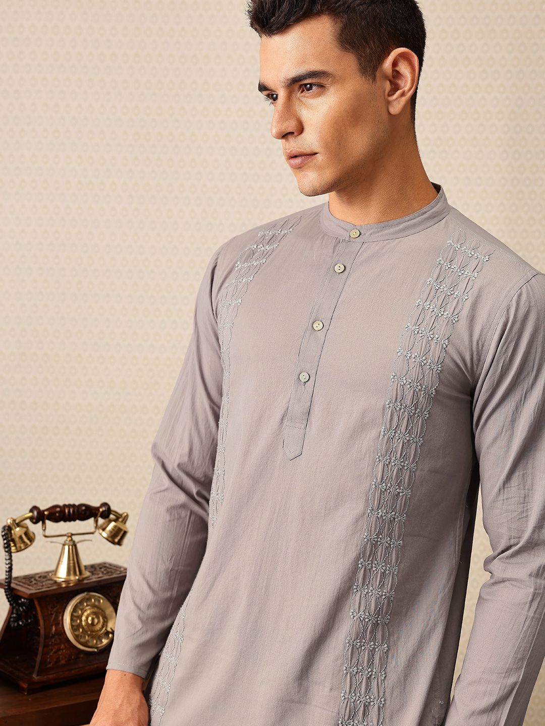 House of Pataudi Floral Embroidered Band Collar Thread Work Pure Cotton Jashn Kurta