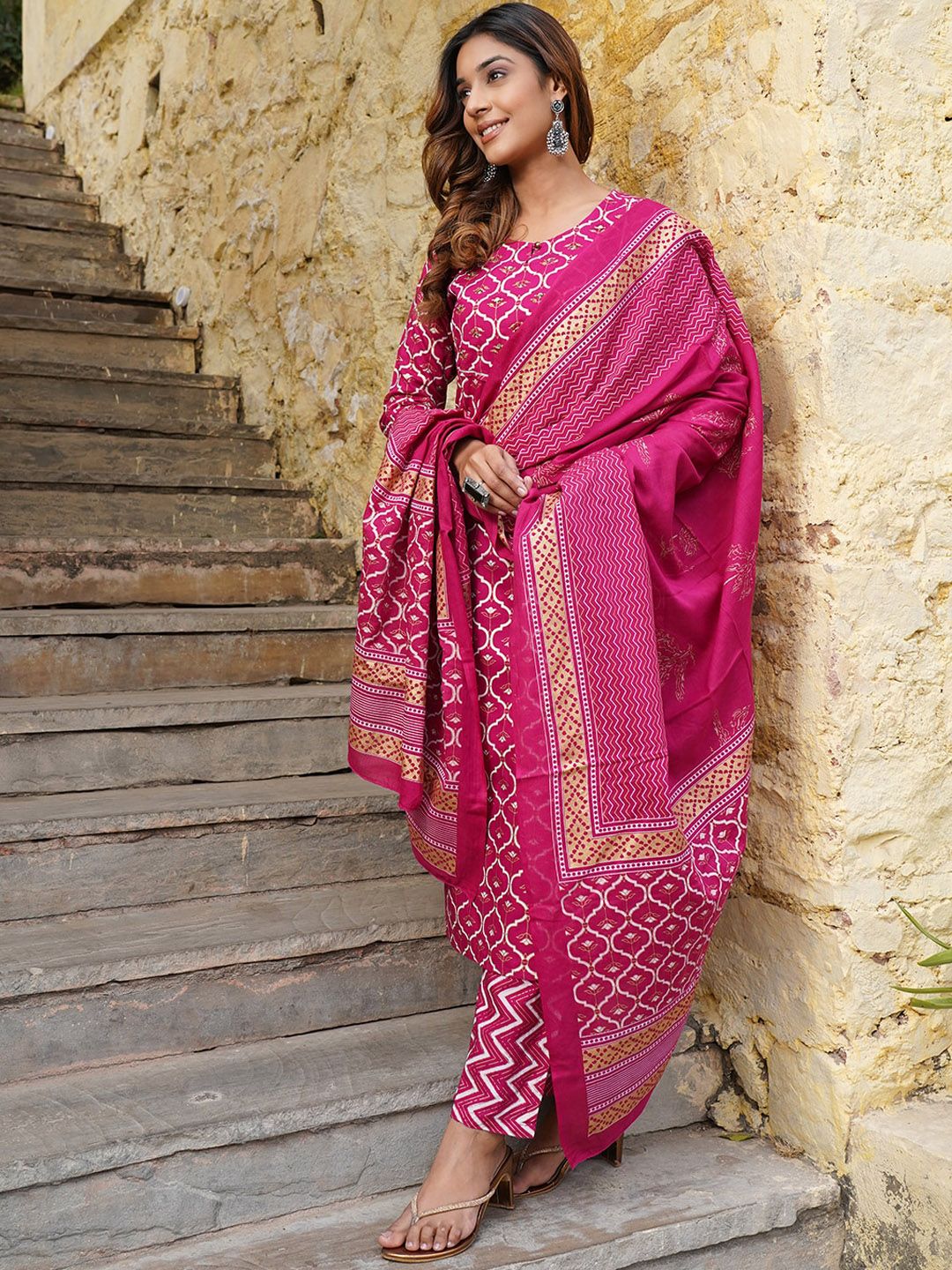 KALINI Keyhole Neck Ethnic Motifs Printed Regular Kurta with Trousers & With Dupatta