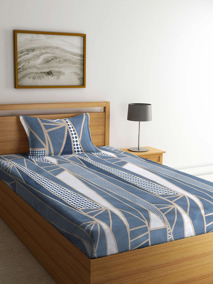 KLOTTHE Book Fold Grey & White Geometric 300 TC Single Bedsheet With 1 Pillow Cover