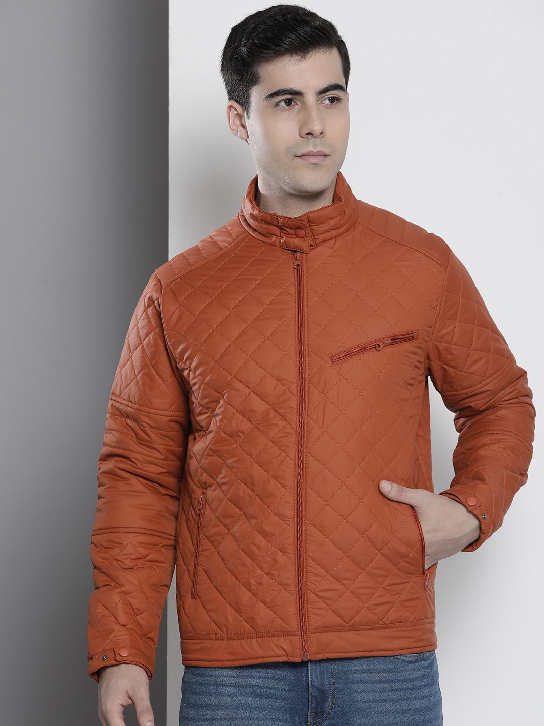 The Indian Garage Co Men Rust Orange Quilted Jacket