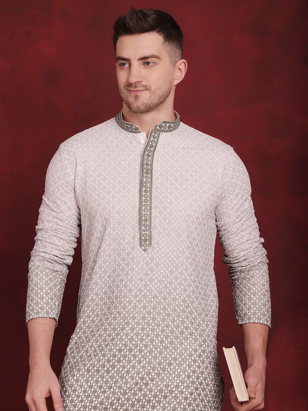 JOMPERS Geometric Collar Mandarin Collar Sequinned Straight Kurta