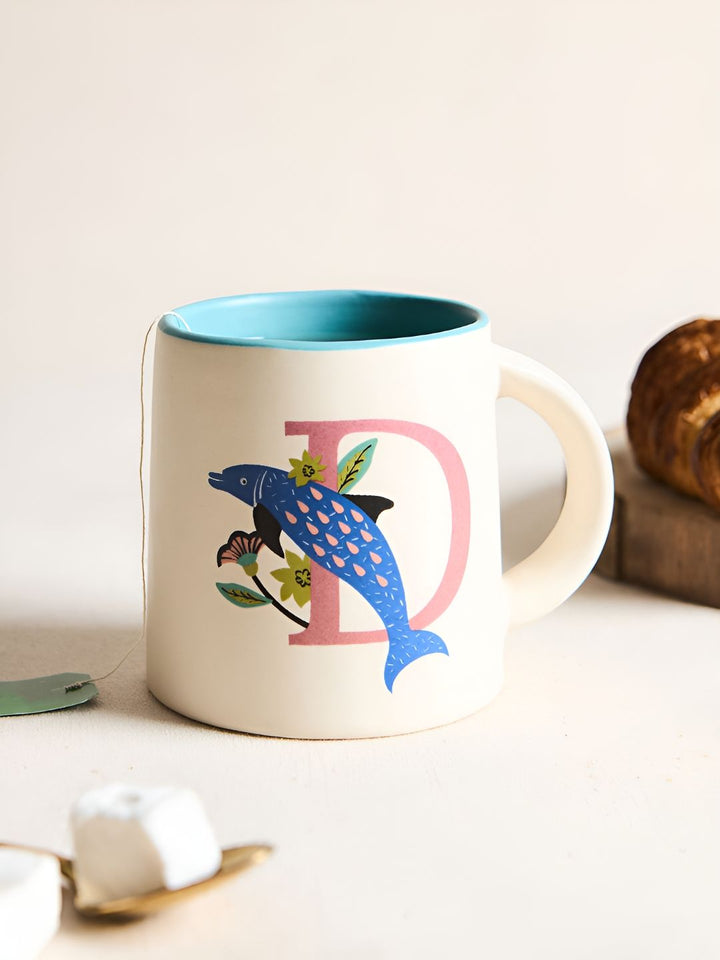 Chumbak Off White & Blue Printed Ceramic Glossy Mug 300 ml