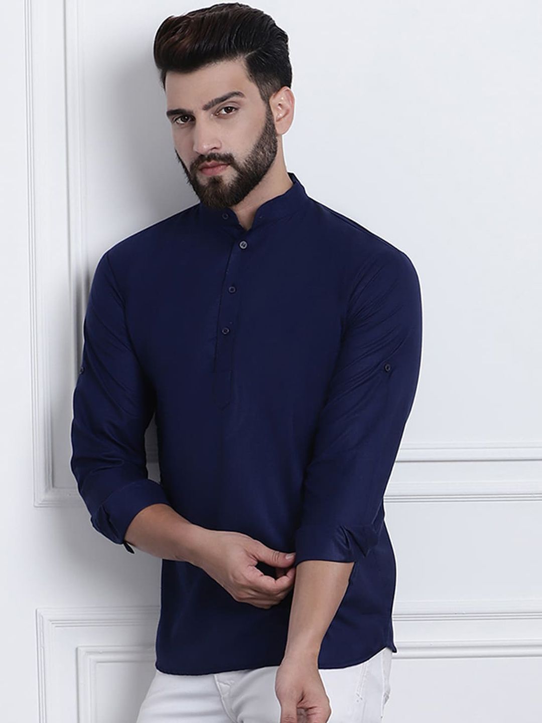 SOJANYA Band Collar Roll-Up Lengan Cotton Straight Kurta