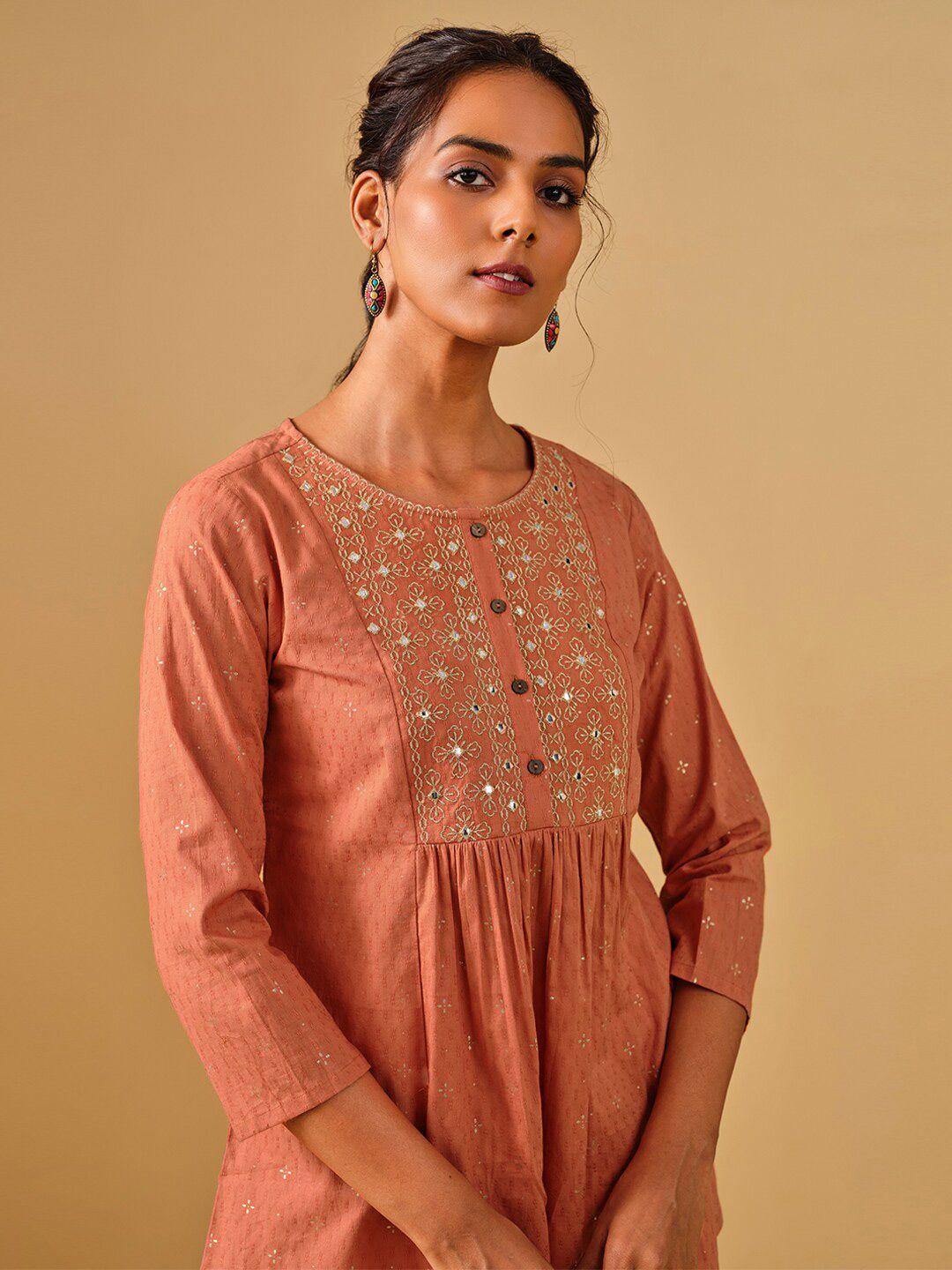 Global Desi Printed Round Neck Pure Cotton Empire Top
