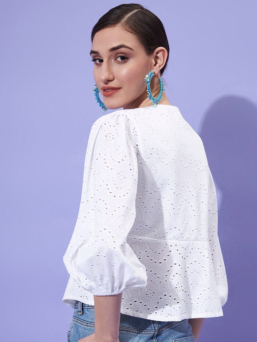 Athena V-Neck Puff Sleeves Schiffli Empire Top