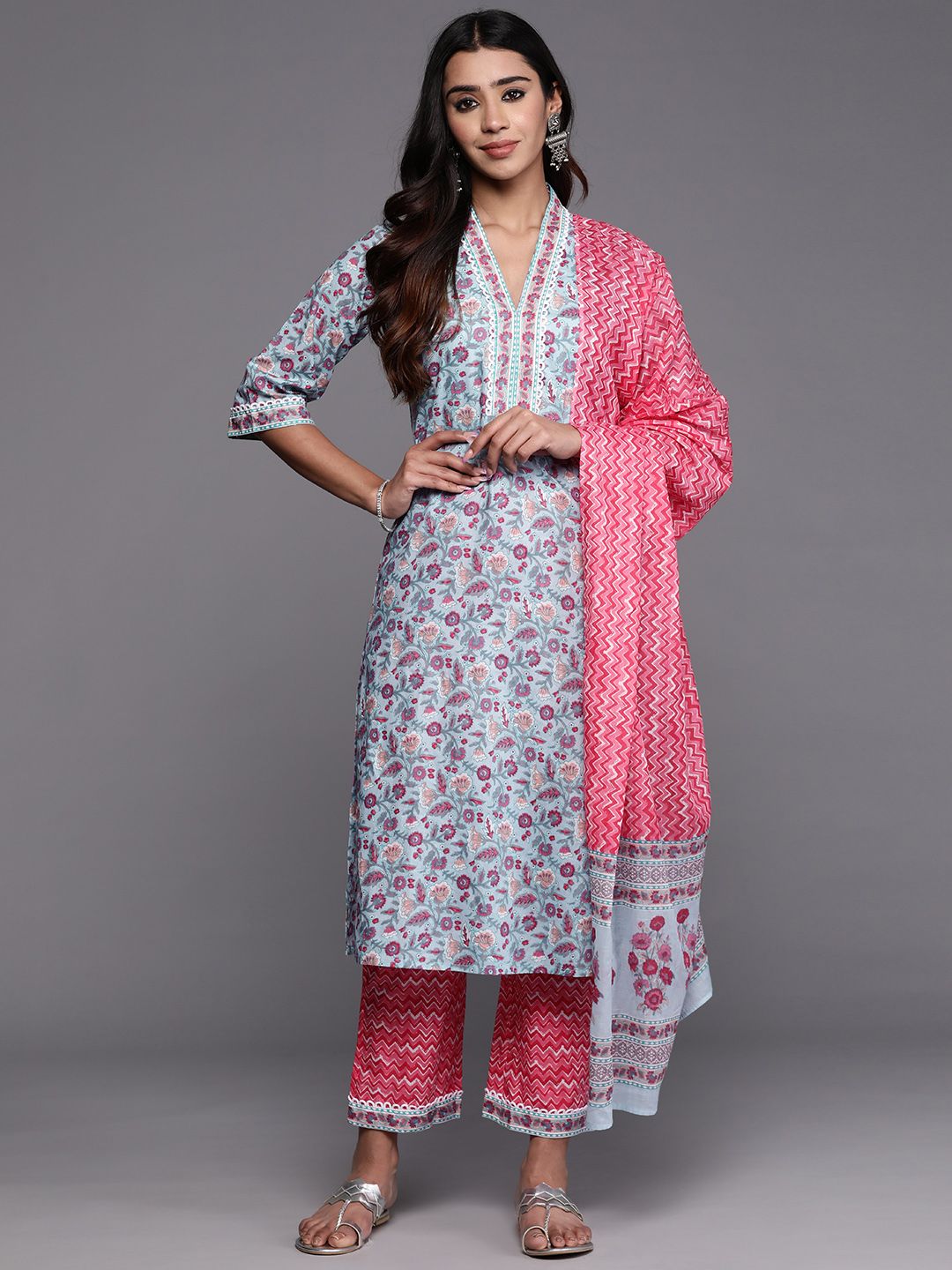 Libas Women Floral Printed Pure Cotton Kurta with Trousers & Dupatta