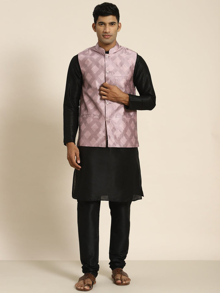 SOJANYA Men Black Kurta with Churidar with Nehru Jacket
