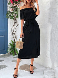 DressBerry Off-Shoulder Front Slit Fit & Flare Midi Dress