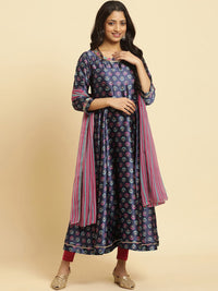 W Blue Ethnic Motifs Printed Regular Sequinned Kurta With Leggings And Dupatta