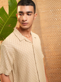 HIGHLANDER Men Dobby Textured Solid Cuban Collar Relaxed Shirt